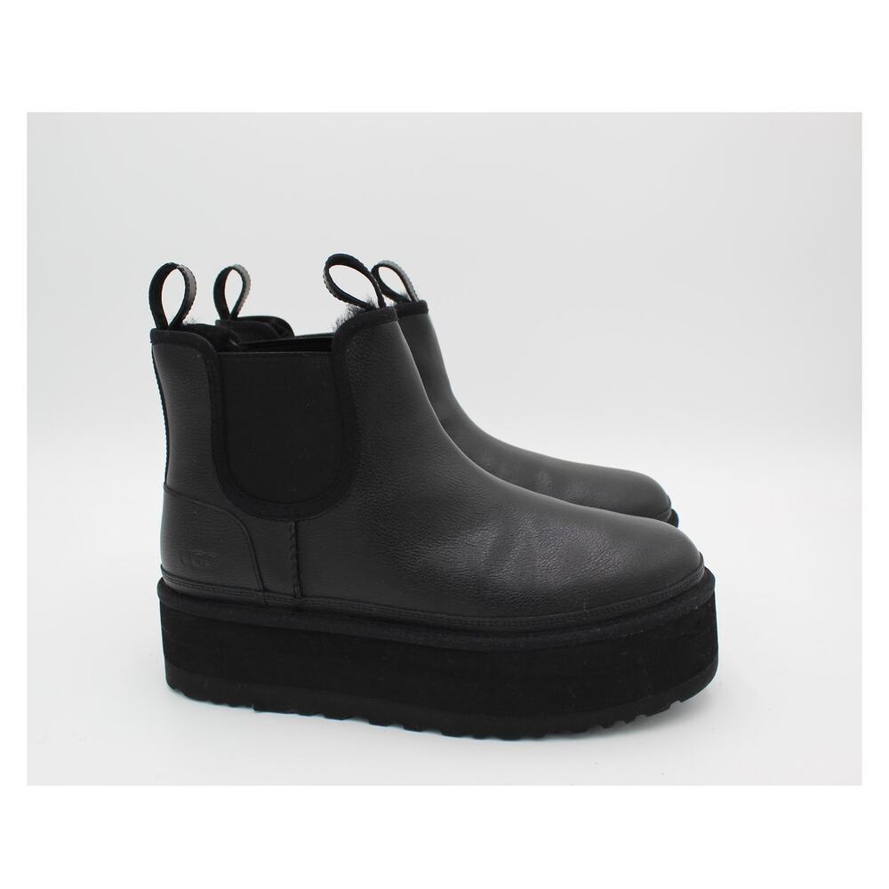 UGG Neumel Platform Boots Womens 11 Black Leather Chelsea Chunky Shoes Shearling